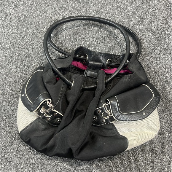 Cole Haan Megan Large Canvas Leather Tote Bag Black Cream Silver Hardware Y2K — photo 2